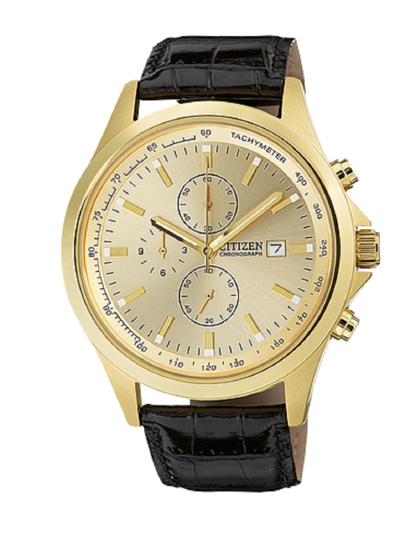 Citizen Mens Analog Quartz Chronograph Champagne Dial Leather Strap Watch