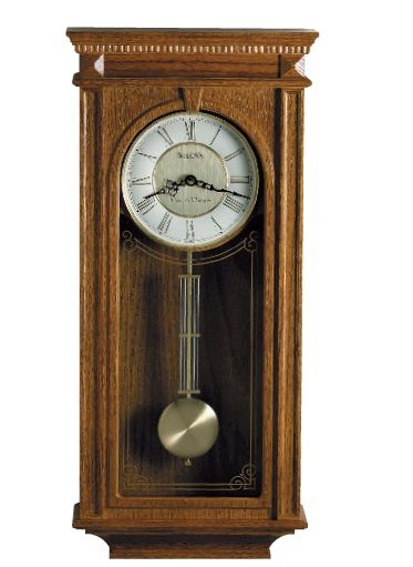 C4419 Bulova Manorcourt Golden Oak Dual-Chime Wall Clock w/ Brass Dial & Pendulum