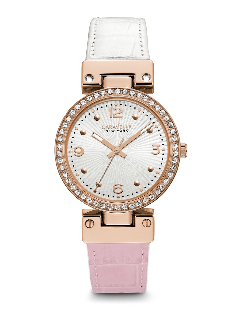 44L232 Caravelle New York Ladies Crystal White/Pink Reversible Strap Watch