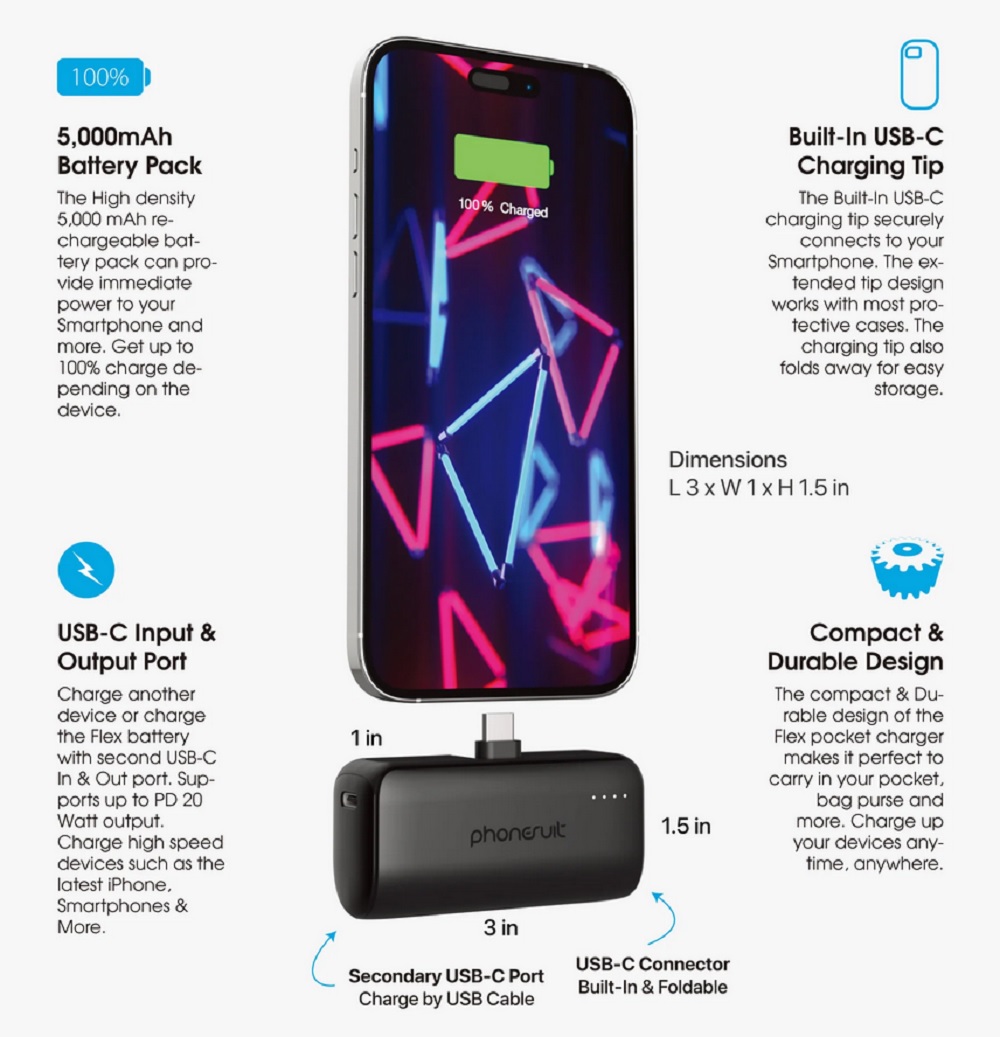 Flex XT Pocket Charger for iPhone 16, 15 & Android Smartphones (USB-C) - 20W PD - 5,000mAh