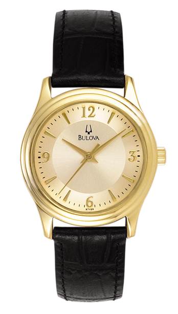 Bulova Classic Collection Ladies Gold Tone Watch w/ Black Leather Strap