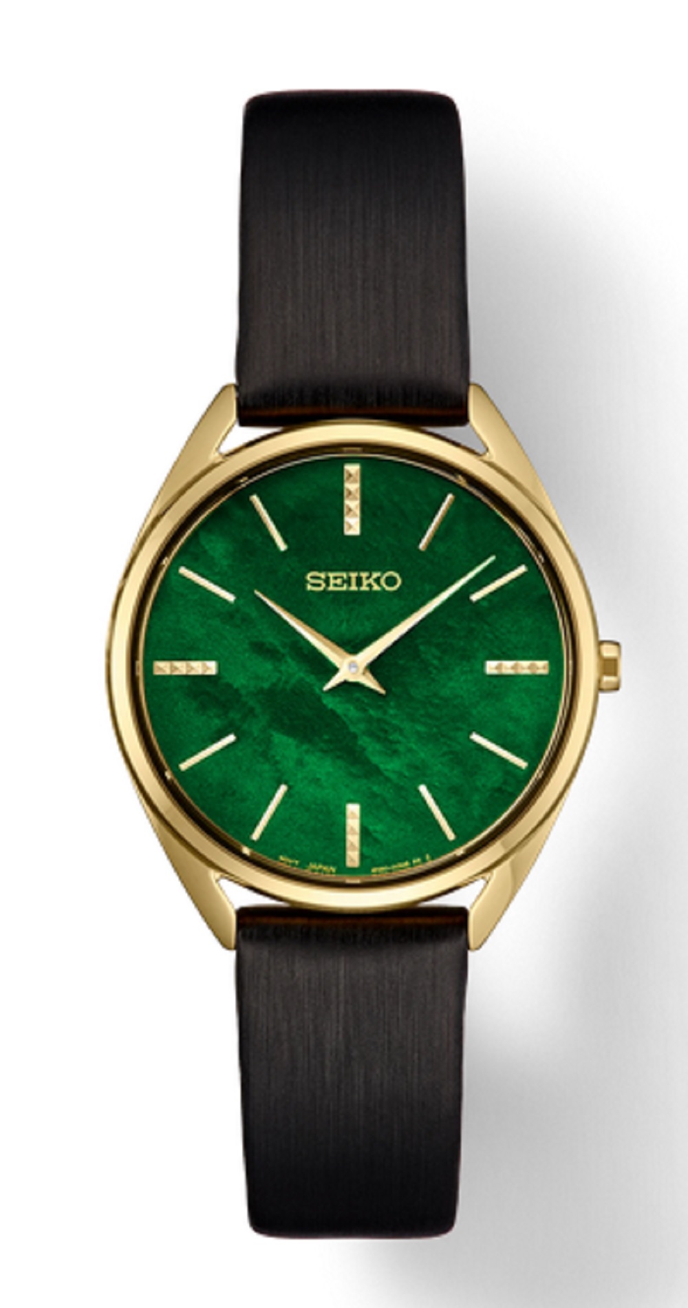 Seiko Womens Essentials Collection Green Quartz Dial Black Leather Strap Watch