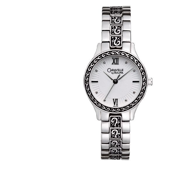 43L131 Caravelle by BulovaLadies bracelet watch with patterned bezel and bracelet