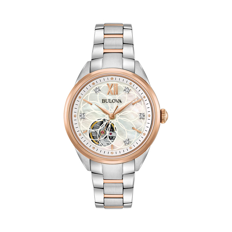 Ladies Bulova Automatic Diamond Accent Two-Tone Watch with Mother-of-Pearl Skeleton Dial