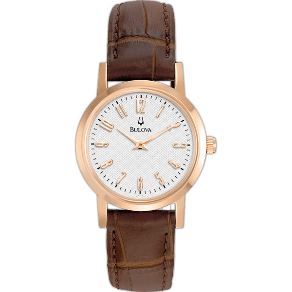 Bulova Ladies Rose Gold-Tone Round Dial Watch w/ Brown Leather Strap