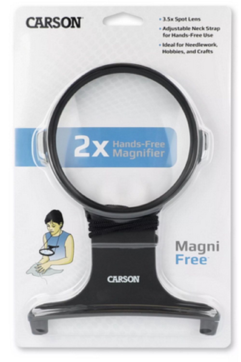 MagniFree™ a Hands Free, hanging 2x Magnifier with a 3.5x power bi-focal spot lens.
