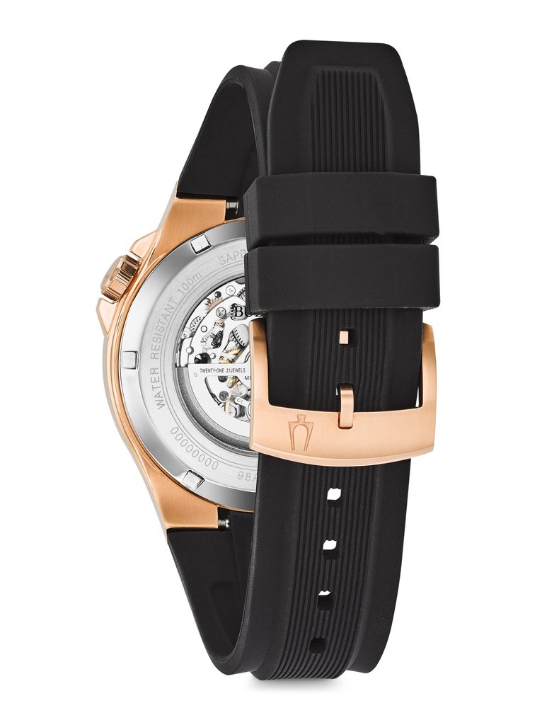 Bulova Mens Black Strap Rose Gold Tone Automatic Skeleton Dial Sport Watch