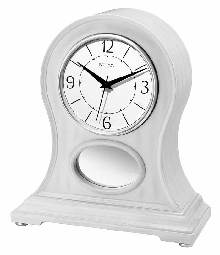 B6216 Bulova Merrick Rubbed White Finish Table Clock Bluetooth enabled Speaker System