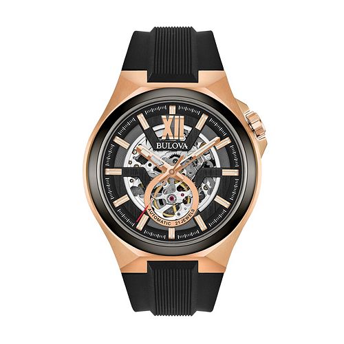 Bulova Mens Black Strap Rose Gold Tone Automatic Skeleton Dial Sport Watch