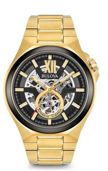 Bulova Mens Yellow Gold Stainless Steel Bracelet Black Sport Automatic Skeletal Dial Watch