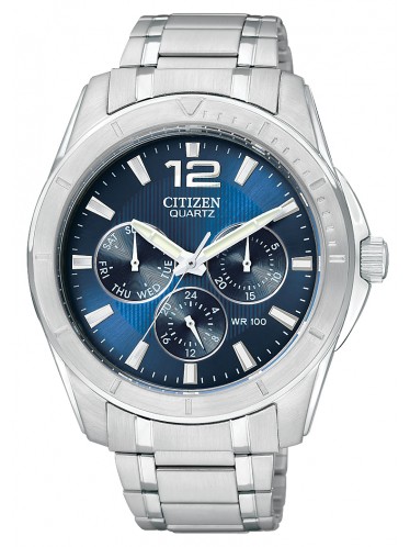 Citizen Quartz Mens Blue Chronograph Dial Stainless Silver Bracelet Watch