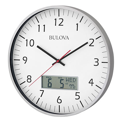 Bulova Manager Large Analog/Digital Wall Clock Quiet Sweep Seconds Hand With Date & Temperature