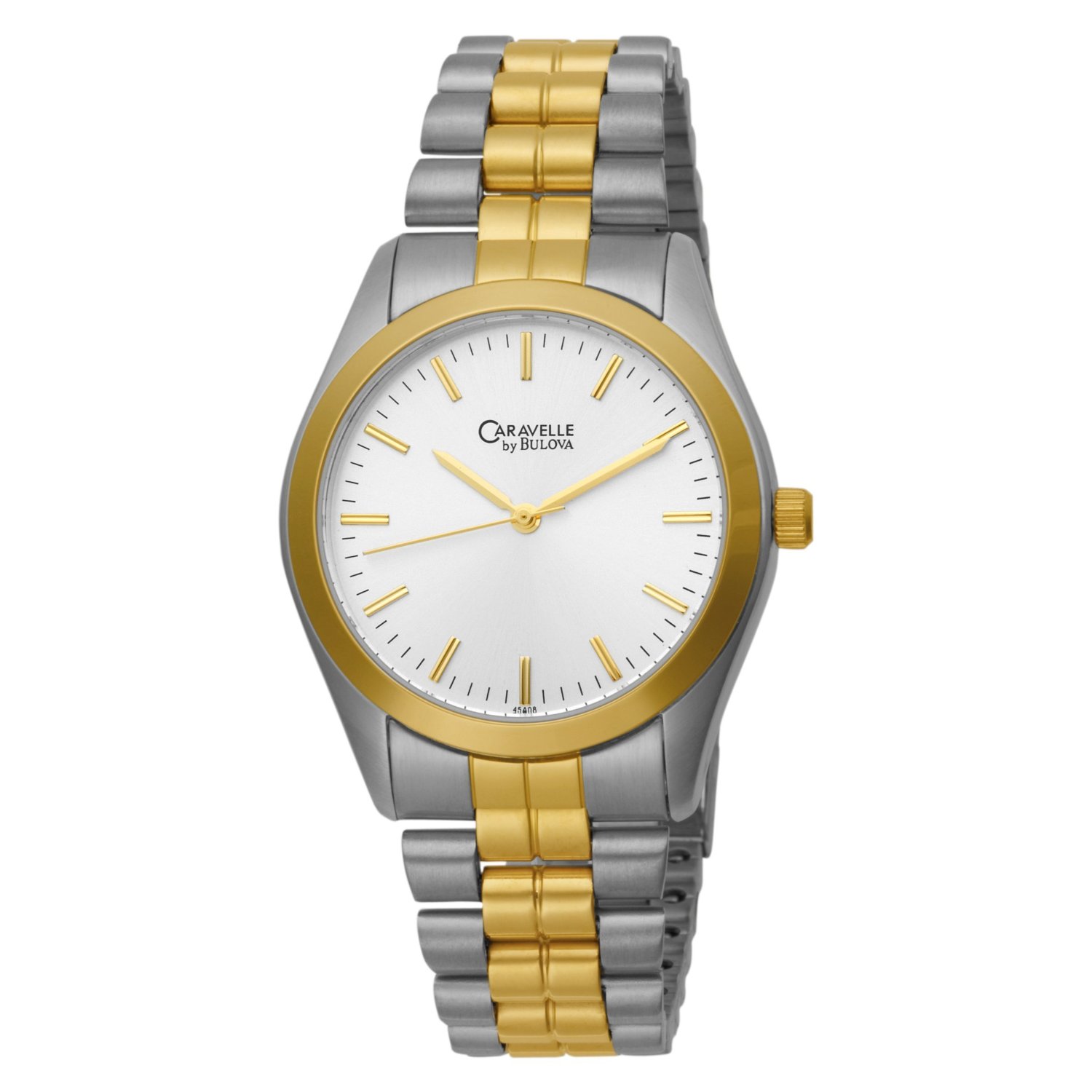 45A08 Caravelle By Bulova Men's bracelet watch with silver patterned dial with gilt markers