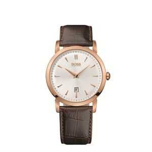 1512634 HUGO BOSS Black. SS/Rose Gold IP Case, Silver Dial. Brn Croc-embo Leather Strap