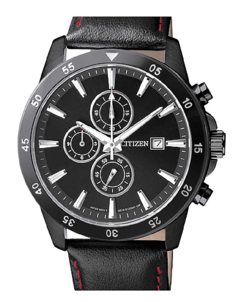 Citizen Mens Quartz Chronograph SS Ion Plating with Black Leather Strap