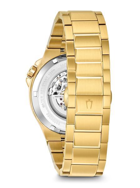 Bulova Mens Yellow Gold Stainless Steel Bracelet Black Sport Automatic Skeletal Dial Watch