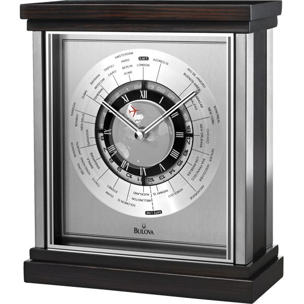 Bulova Wyndmere Ebony Mahogany & Stainless Steel Clock w/ World Time Dial