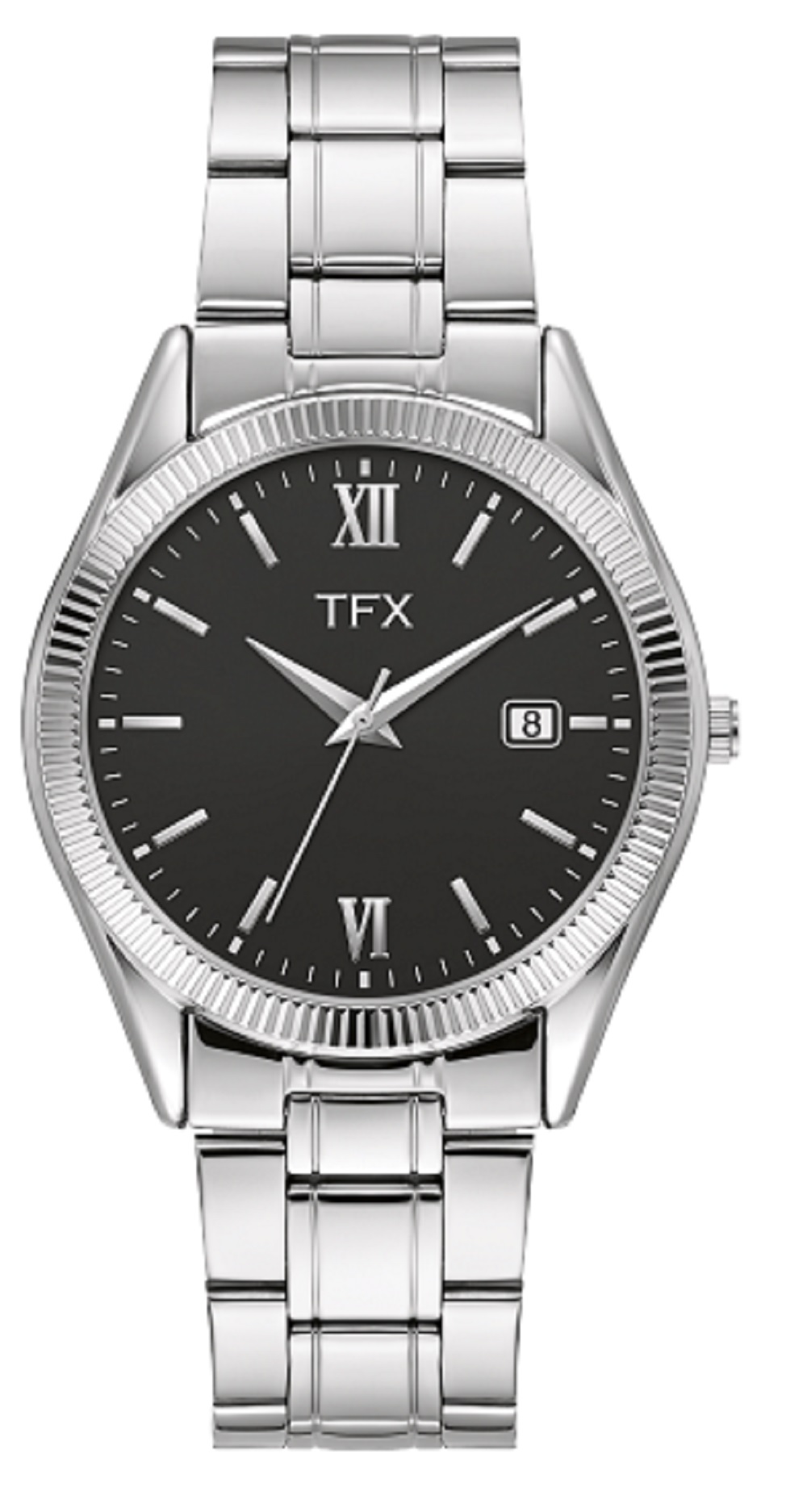 TFX Mens Silver tone Stainless Steel bracelet watch with black dial